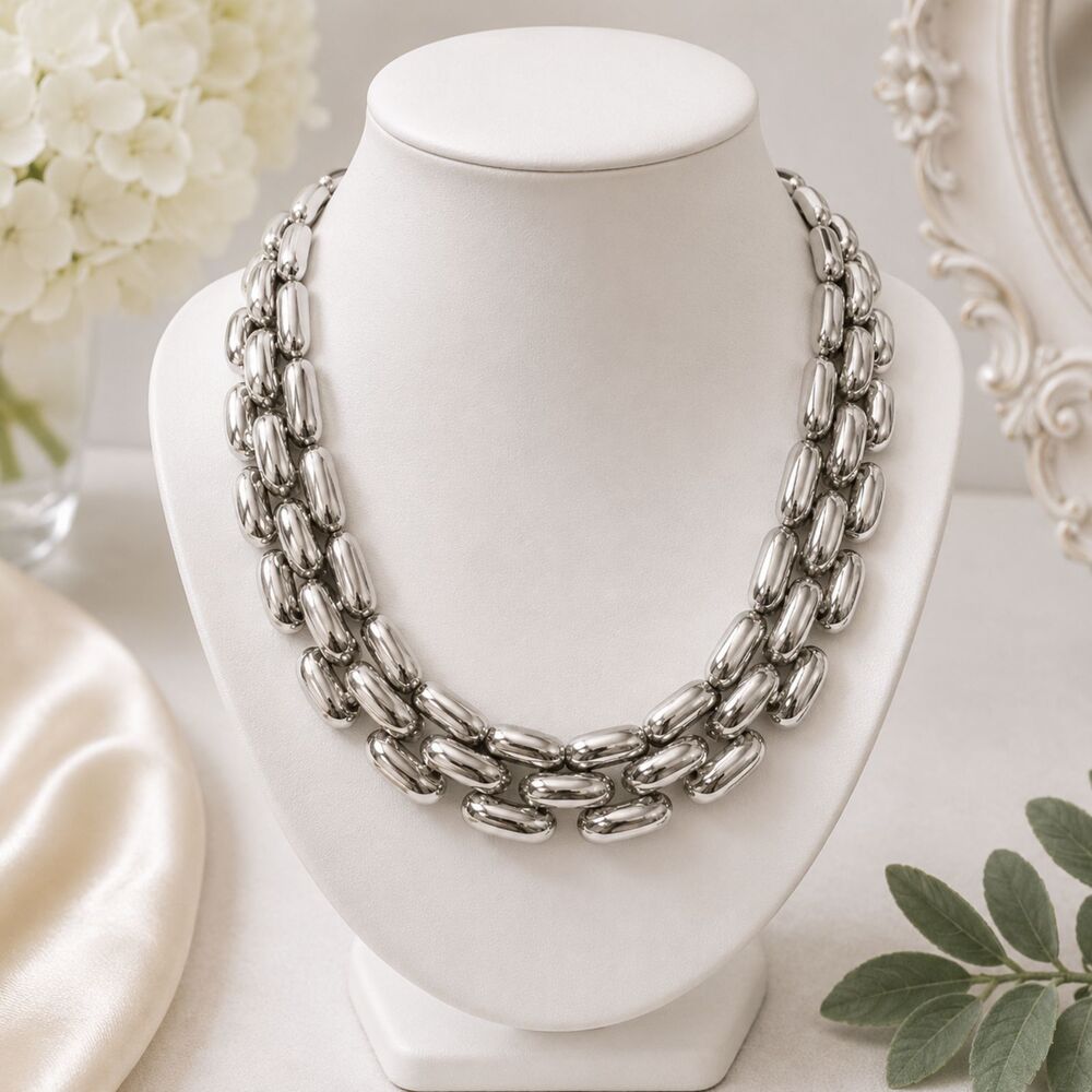 Vintage Silver Tone Chunky Triple Link Statement Necklace 17"